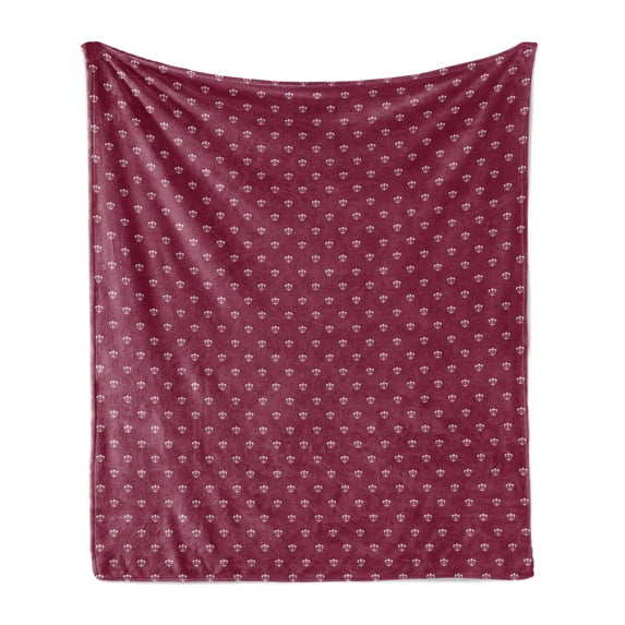 Fleur De Lis Soft Flannel Fleece Blanket, Rococo Royal Pattern Crown Traditional European Nobility Feminine Art, Cozy Plush for Indoor and Outdoor Use, 70" x 90", Dark Magenta White, by Ambesonne