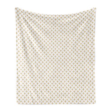 Fleur De Lis Soft Flannel Fleece Blanket, Soft Toned Medieval Pattern Impressions Retro Royal Historic Style, Cozy Plush for Indoor and Outdoor Use, 70" x 90", Dark Yellow and White, by Ambesonne