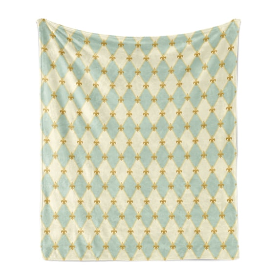 Fleur De Lis Soft Flannel Fleece Blanket, Traditional Royal Flower Pattern with Harlequin Rhombuses Pattern, Cozy Plush for Indoor and Outdoor Use, 50" x 60", Cream Pale Blue Yellow, by Ambesonne