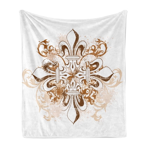 Fleur De Lis Soft Flannel Fleece Throw Blanket, Antique Heraldry Vintage Floral Swirls Traditional Old Fashion, Cozy Plush for Indoor and Outdoor Use, 50" x 70", Brown White, by Ambesonne