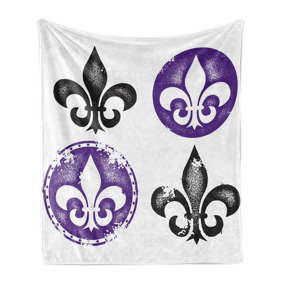 Fleur De Lis Soft Flannel Fleece Throw Blanket, Arrangement of Fleur De Lis Designs Silhouettes Vintage Spiral Art, Cozy Plush for Indoor and Outdoor Use, 70" x 90", Black Purple, by Ambesonne