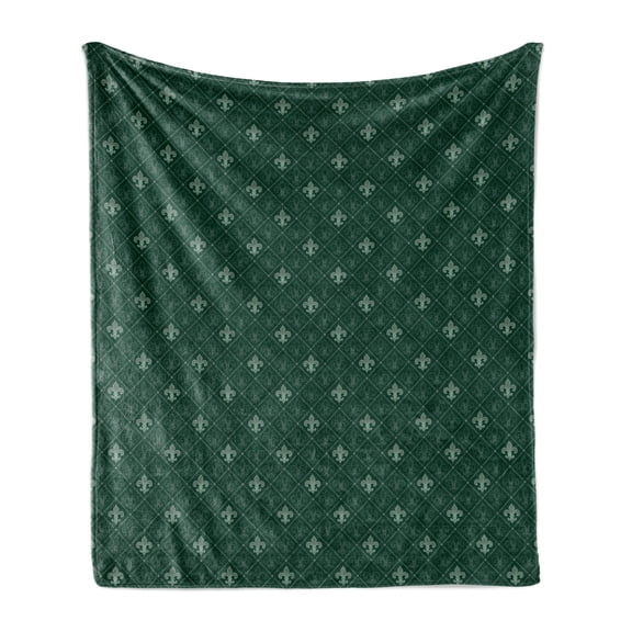 Fleur De Lis Soft Flannel Fleece Throw Blanket, Baroque Pattern Medieval French Motifs Royal Ornate Classic, Cozy Plush for Indoor and Outdoor Use, 50" x 60", Hunter and Sage Green, by Ambesonne