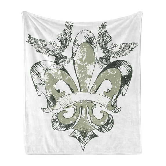 Fleur De Lis Soft Flannel Fleece Throw Blanket, Eagles on Fleur De Lis Emblem Power Victorian Creative Illustration, Cozy Plush for Indoor and Outdoor Use, 50" x 60", Tan White, by Ambesonne