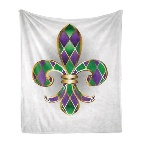 Fleur De Lis Soft Flannel Fleece Throw Blanket, Golden Yellow Colored Lily Diamond Shapes Royalty Theme, Cozy Plush for Indoor and Outdoor Use, 50" x 70", Purple Green, by Ambesonne