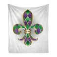 thumbnail image 1 of Fleur De Lis Soft Flannel Fleece Throw Blanket, Golden Yellow Colored Lily Diamond Shapes Royalty Theme, Cozy Plush for Indoor and Outdoor Use, 60" x 80", Purple Green, by Ambesonne, 1 of 5