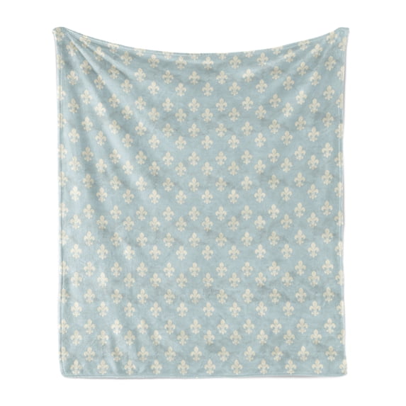 Fleur De Lis Soft Flannel Fleece Throw Blanket, Grunge Design Retro Victorian Nobility Rococo Motif in Soft Tones, Cozy Plush for Indoor and Outdoor Use, 70" x 90", Pale Blue and Cream, by Ambesonne
