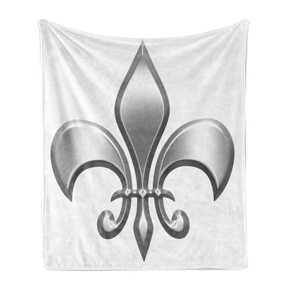 Fleur De Lis Soft Flannel Fleece Throw Blanket, Lily Flower Nobility of Knights in Medieval Time European Iris, Cozy Plush for Indoor and Outdoor Use, 70" x 90", White Grey, by Ambesonne