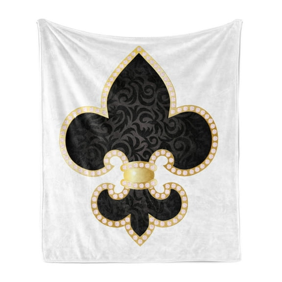 Fleur De Lis Soft Flannel Fleece Throw Blanket, Royal Lily France Empire Family Insignia Design Image, Cozy Plush for Indoor and Outdoor Use, 50" x 60", Yellow Black White, by Ambesonne