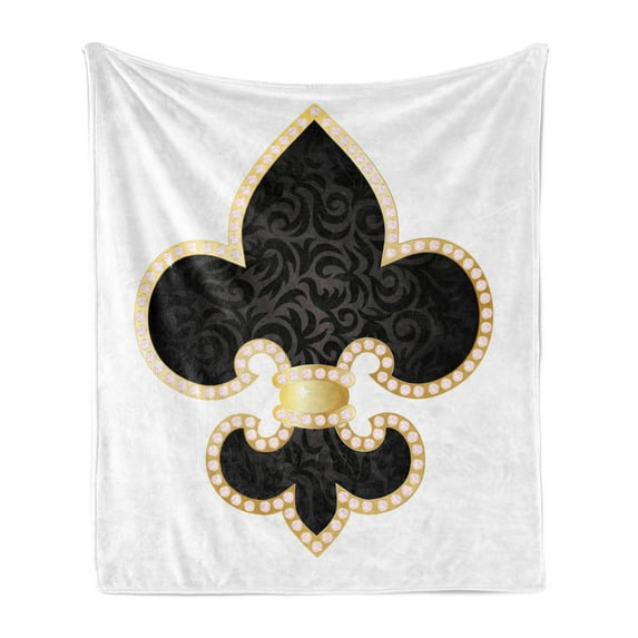 Fleur De Lis Soft Flannel Fleece Throw Blanket, Royal Lily France Empire Family Insignia Design Image, Cozy Plush for Indoor and Outdoor Use, 50" x 60", Yellow Black White, by Ambesonne