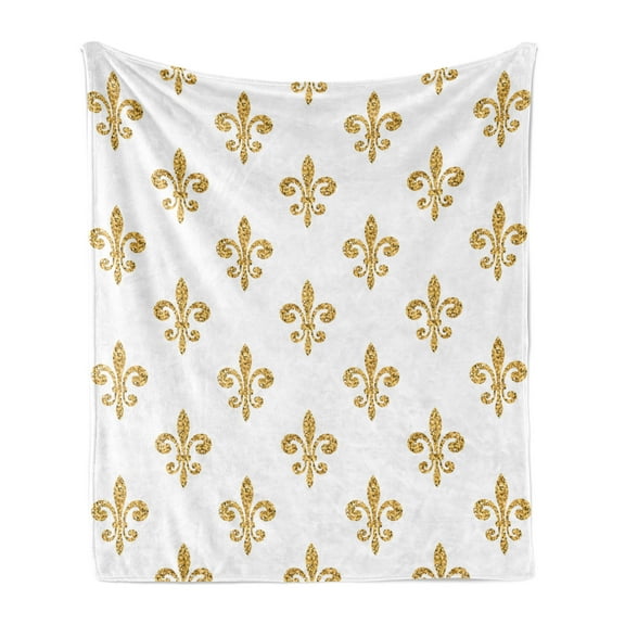 Fleur De Lis Soft Flannel Fleece Throw Blanket, Vintage European Lily Aristocratic Dignified Majesty Print, Cozy Plush for Indoor and Outdoor Use, 50" x 60", Yellow White, by Ambesonne
