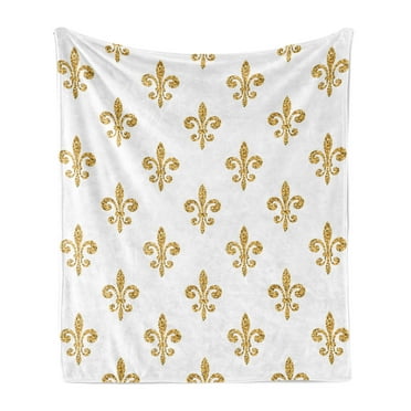 Fleur De Lis Soft Flannel Fleece Throw Blanket, Vintage European Lily Aristocratic Dignified Majesty Print, Cozy Plush for Indoor and Outdoor Use, 70" x 90", Yellow White, by Ambesonne