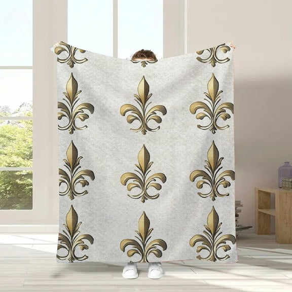 Fleur De Lis Soft Flannel Throw Blanket, Repeated Abstract Floral Old Antique Royal Forms in Checkered Effect, Cozy Plush for Indoor and Outdoor Use, White Camel
