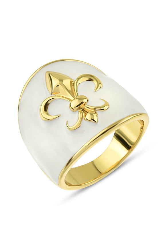 Fleur De Lis Statement Ring Size 7 - White Enameled 14K Gold Plated Brass Cocktail Ring - Large Band Ring for Women - Iris Flower Forefinger Ring