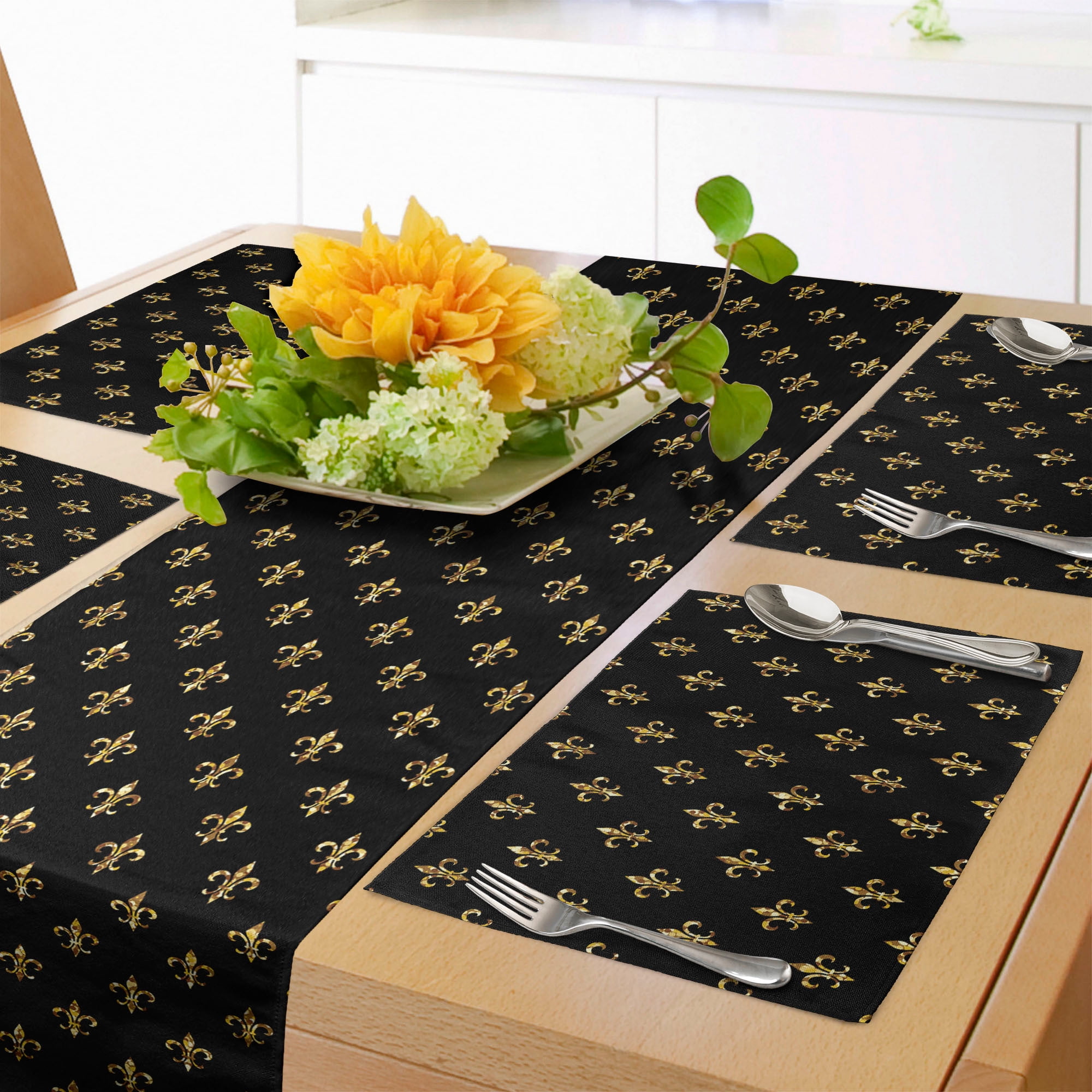 Fleur De Lis Table Runner & Placemats, Old Fashioned Baroque Background Royal Lily Flower