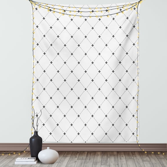 Fleur De Lis Tapestry, Shabby Chic Style Damask Pattern with Vintage Kitsch Geometric Diamond Lines, Wall Hanging for Bedroom Living Room Dorm Decor, 40W X 60L Inches, Black White, by Ambesonne