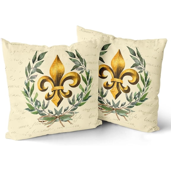 Fleur De Lis Throw Pillow Covers Green Spring Leaves Wreath Pillow Case 20x20 Inch Vintage Style Square Cushion Cover Decorative French Country Pillow Cases for Couch Sofa Bedroom Set of 2