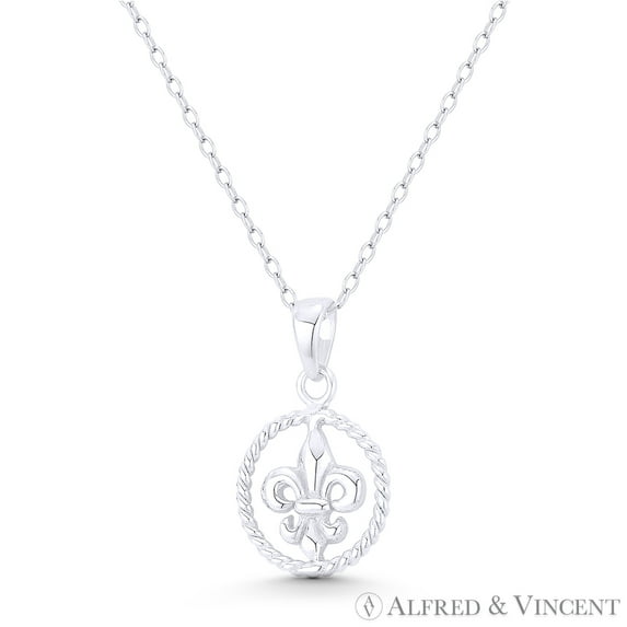 Fleur-De-Lis & Twist Rope Charm 20x12mm (0.8x0.5in) Pendant & Chain Necklace in .925 Sterling Silver