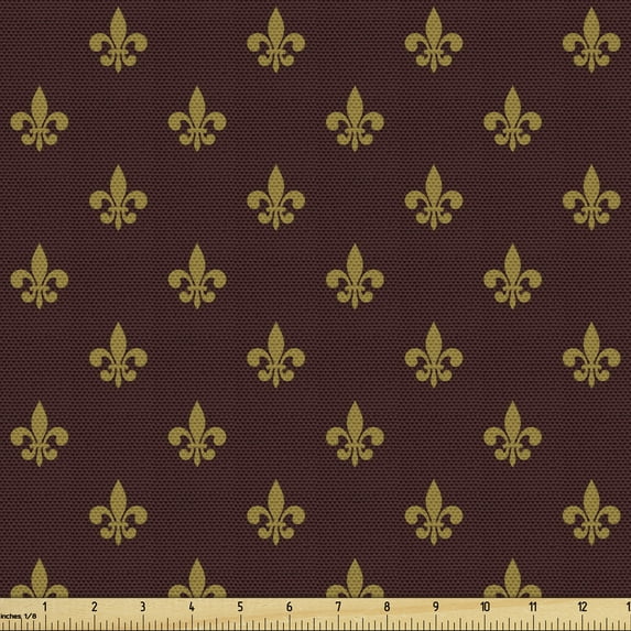 Ambesonne Fleur De Lis Fabric by the Yard Upholstery, Royal Pattern, 2 Yards, Burgundy Earth Yellow