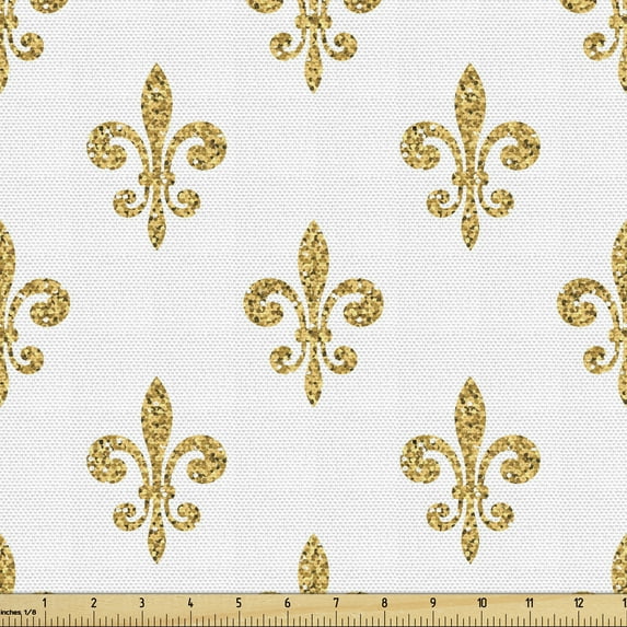 Ambesonne Vintage Fabric by the Yard Upholstery, European Lily Noble, 1 Yard, Yellow White