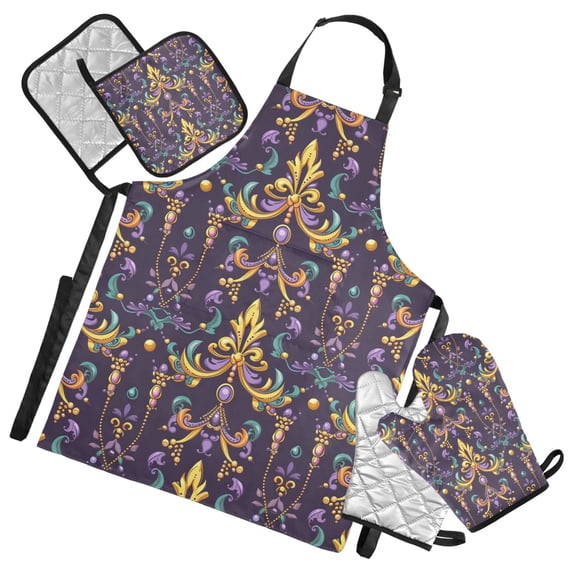 Fleur De Lis and Beads 5 Pcs Kitchen Set Heat Resistant Oven Mitts and Non-Slip Pot Holders with Adjustable Cooking Apron