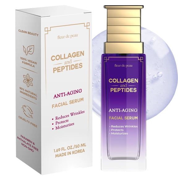 Fleur De Peau Collagen & Peptides Serum For Face - Dermatologist Tested, Anti-Aging, Ultra Hydrating, Plumping & Firming, for Fine Lines & Wrinkles -Clean Beauty, Vegan Korean Skin Care - 1.69 FL. Oz
