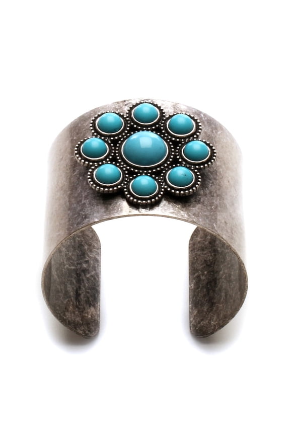 Vintage Style Turquoise Flower Wide Cuff Bracelet - Antique Silver Statement Jewelry Bracelet Silver