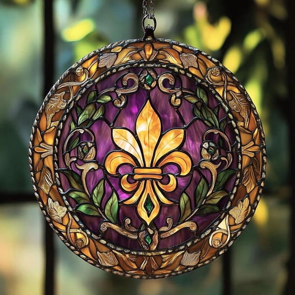 Fleur de Lis ACRYLIC Faux Stained Glass Suncatcher Window Hanging, Royal French Decor with Gold and Purple Accents, Gothic Gift for Her