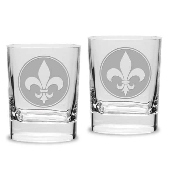 Fleur de Lis Deep Etched Luigi Bormioli 11.75 oz Square Round Double Old Fashion Glass Set of 2
