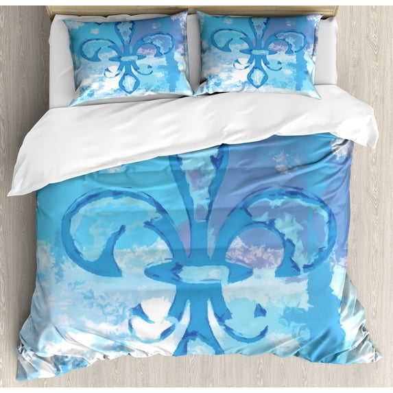 Fleur de Lis Duvet Cover Set, Illustration of Lily Flower Like Frozen Heredic Nobility Emblem Queenly Style Print, Decorative 3 Piece Bedding Set with 2 Pillow Shams, Queen Size, Blue, by Ambesonne