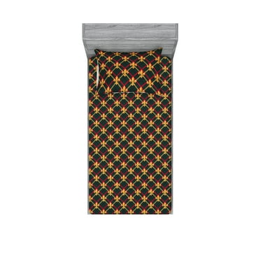 Fleur de Lis Fitted Sheet & Pillow Sham Set, Royal Design Checkered Pattern Plaid Striped Squares French Lily, Decorative Printed 2 Piece Bedding Decor, Twin, Hunter Green Marigold, by Ambesonne