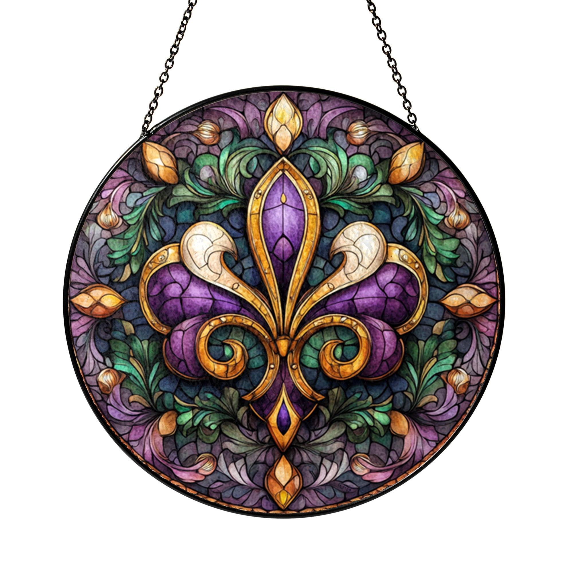 Window Drawing. Sign Fleur-de-Lis Mardi Gras Stained Glass Art – Vibrant Purple, Green, and ...