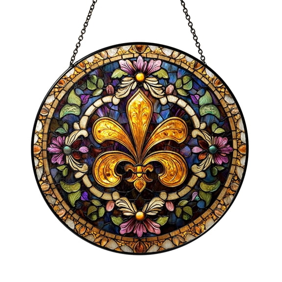 Fleur-de-Lis Mardi Gras Stained Glass Window Panel, Vibrant Purple, Green, and Gold Decor, Perfect Home or Office Accent