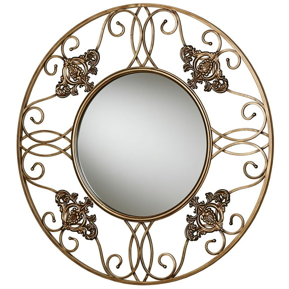 Fleur de Lis Metal Round Wall Mirror Antique Gold 32 Inch Diameter x 1 Inch Deep