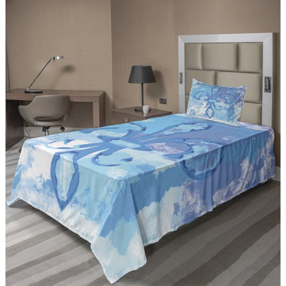 Ambesonne Blue Fitted & Top Sheet Set with Sham, France Fleur de Lis, Blue