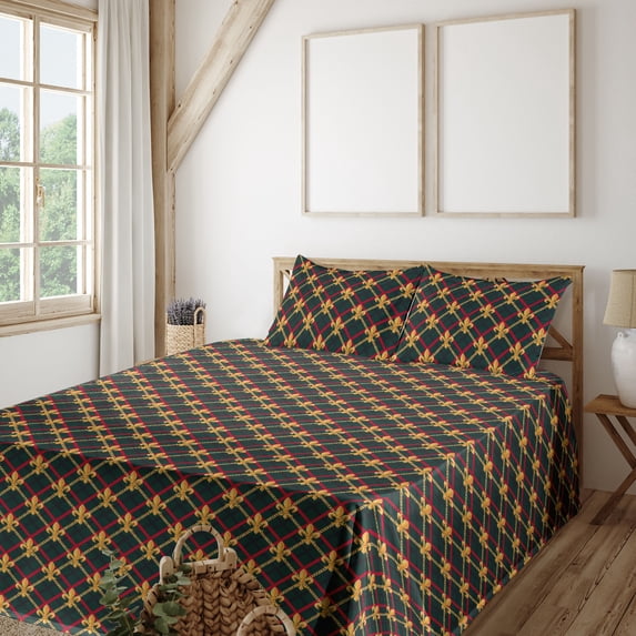 Ambesonne Fleur de Lis Fitted & Flat Sheet with Shams 4 Pcs Set, Checkered Plaid Print, King, Hunter Green Marigold