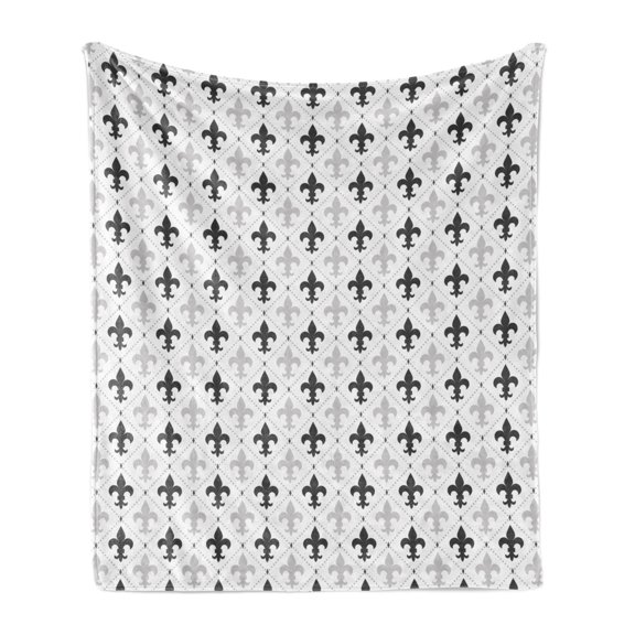 Fleur de Lis Soft Flannel Fleece Blanket, Repetitive Style Symbols of Fleur de Lis in Greyscale on Plain Back, Cozy Plush for Indoor and Outdoor Use, 70" x 90", White and Dark Grey, by Ambesonne