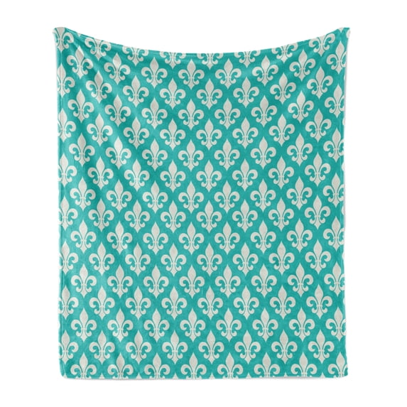 Fleur de Lis Soft Flannel Fleece Throw Blanket, Classic Fleur de Lis Motif with Victorian Rococo Style Effects, Cozy Plush for Indoor and Outdoor Use, 50" x 70", Turquoise and Beige, by Ambesonne