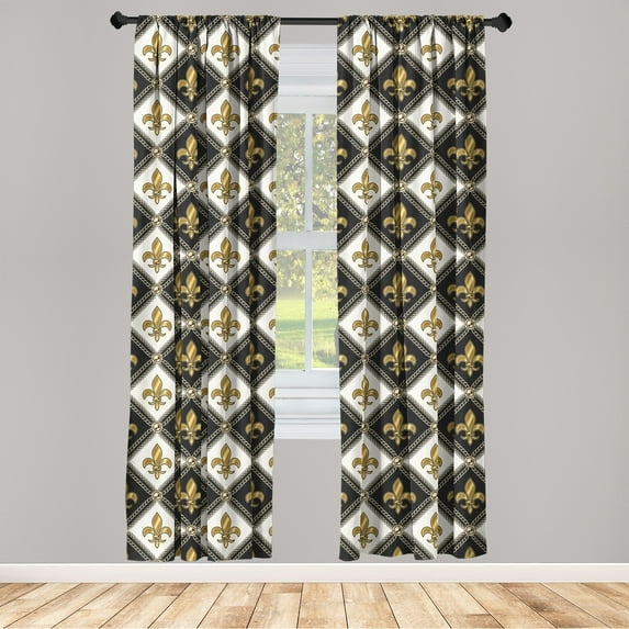 Fleur de Lis Window Curtains, Royal French Lilies on Monochrome Diagonal Checkered Backdrop, Lightweight Decor 2-Panel Set with Rod Pocket, Pair of - 28"x95", Black White Dark Mustard, by Ambesonne