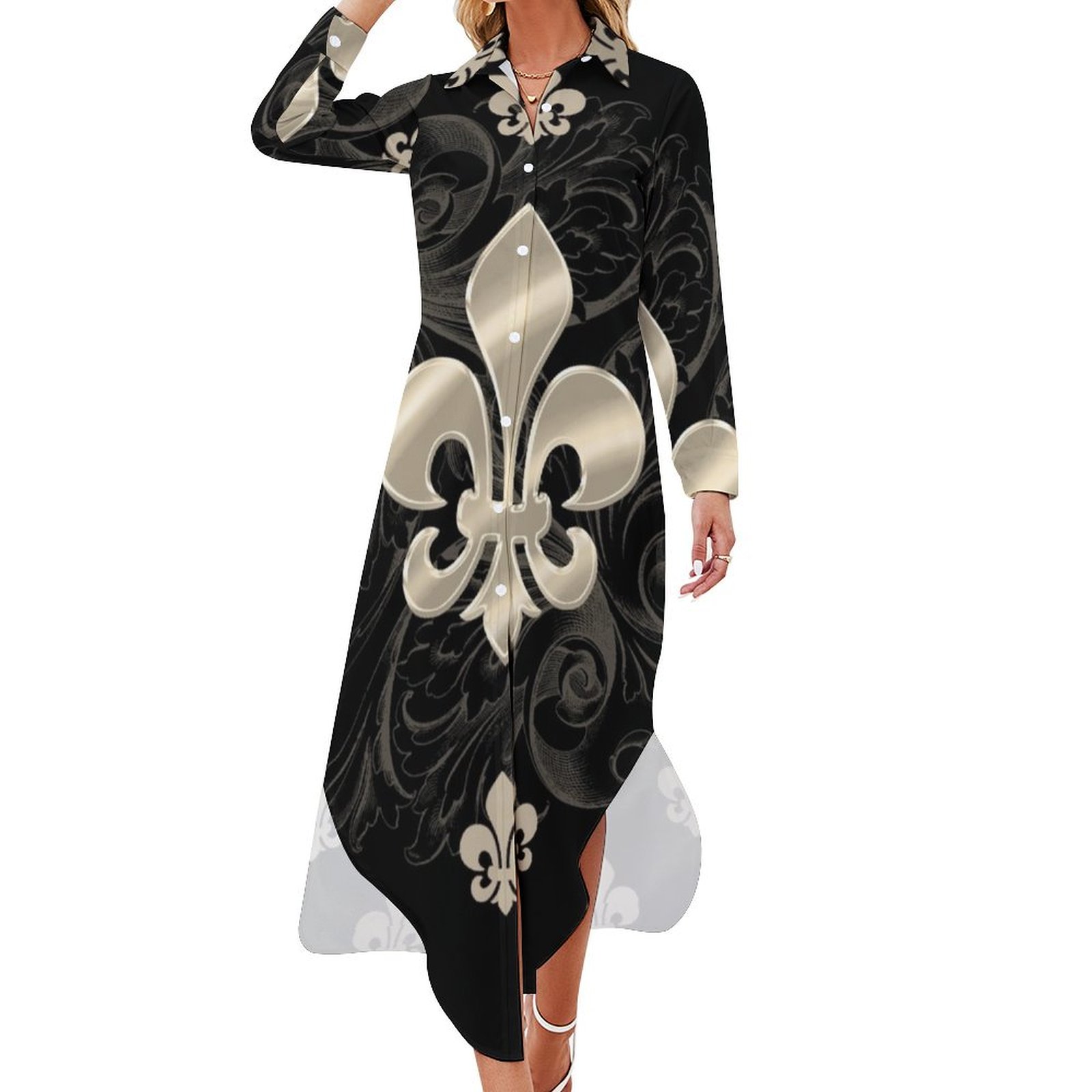 Fleur de Lys-Black & Gold Long Sleeved Shirt Dress bandage dress - Walmart.com Fleur de Lys-Black & Gold Long Sleeved Shirt Dress bandage dress - Walmart.com