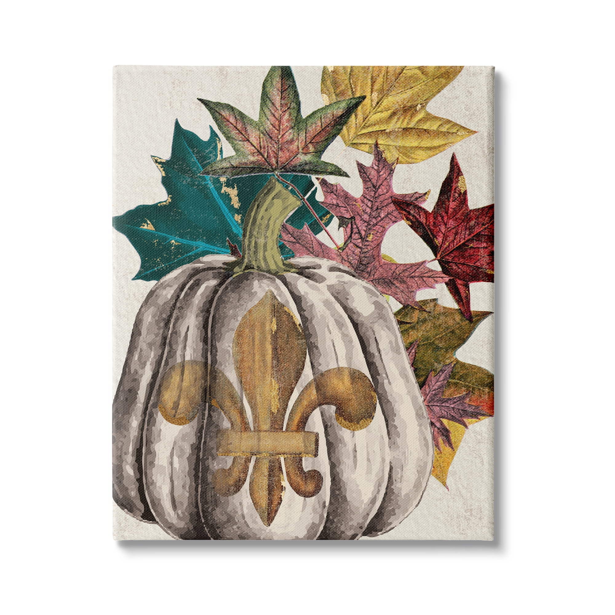 Fleur-de-lis Crest Pumpkin Vintage Autumn Leaf Arrangement Botanical & Floral Graphic Art Gallery-Wrapped Canvas Print Wall Art