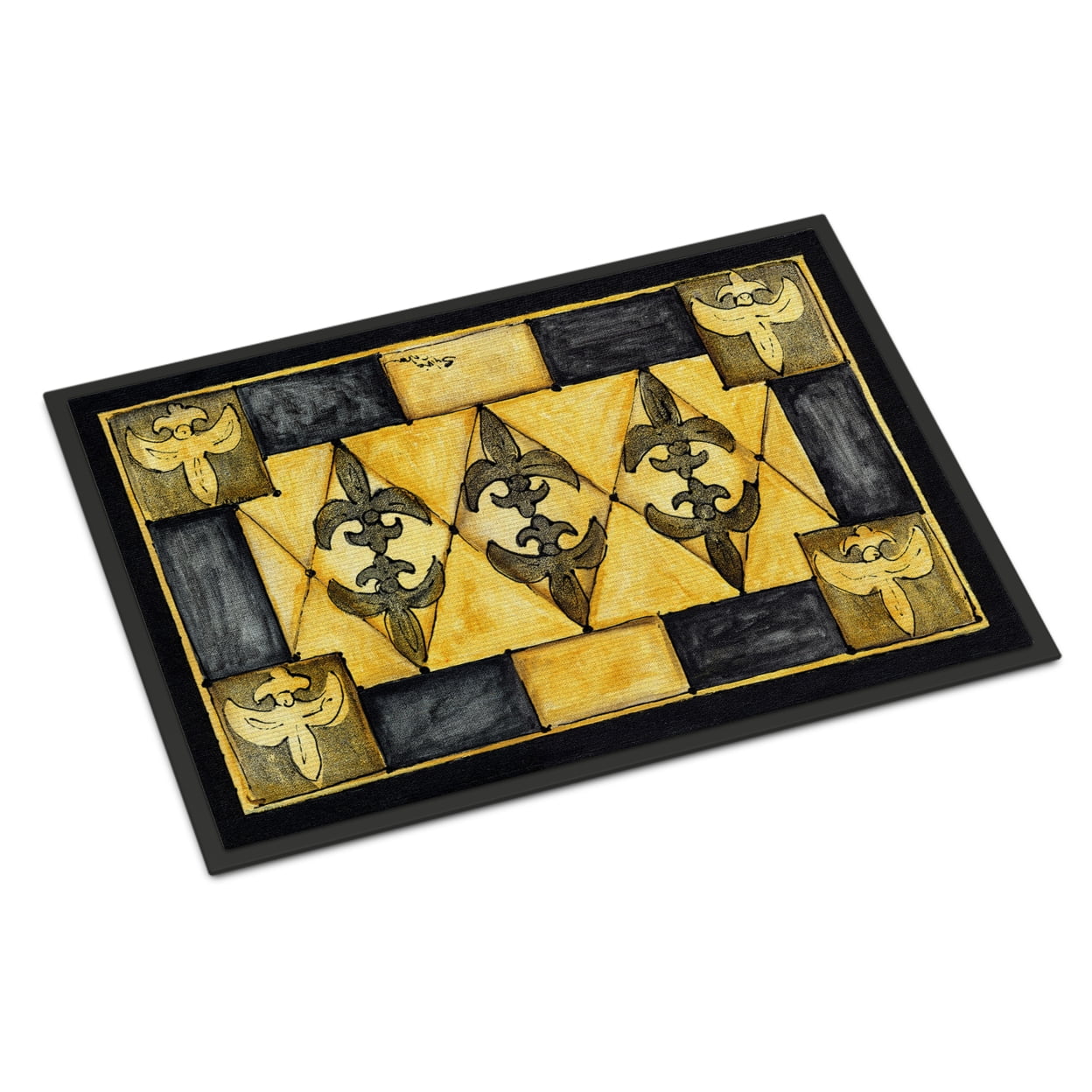 Black and Gold Fleur de Lis Rubber Outdoor Doormat 18x27