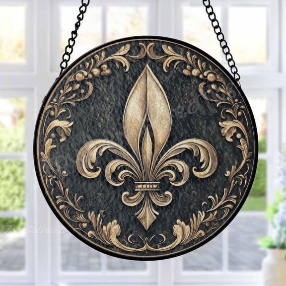 Fleur-de-lis Stained Glass Suncatcher Metal Outdoor Decor Antique Baroque Gold Black Finish