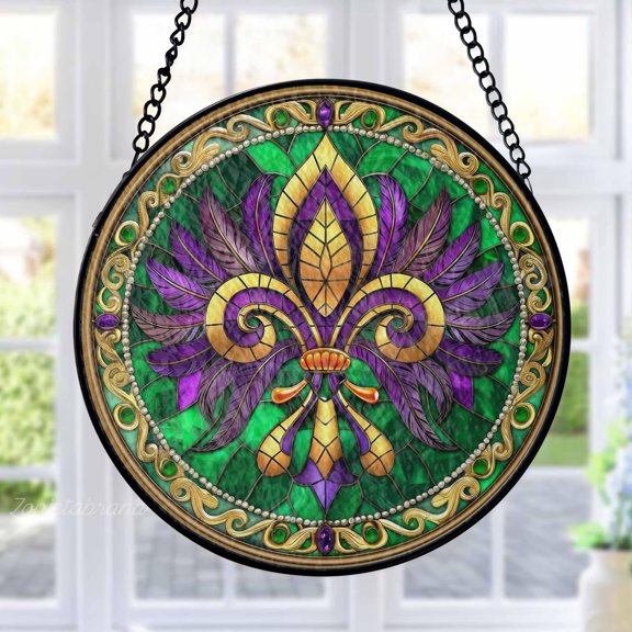 Fleur-de-lis Stained Glass Suncatcher Metal Outdoor Decor Mardi Gras Theme Gold Green Purple