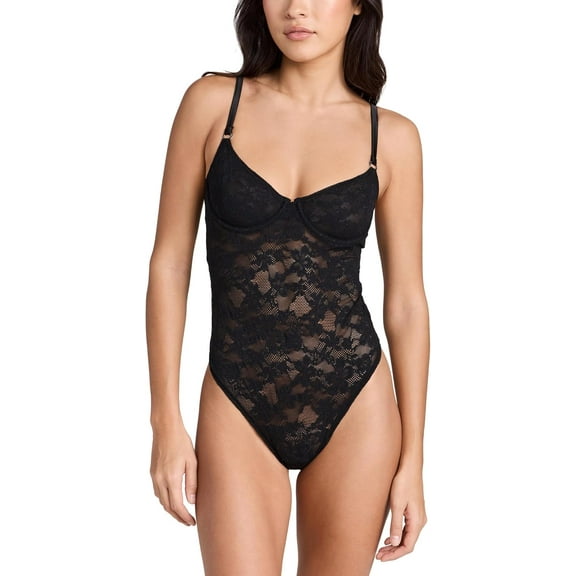 Fleur du Mal Women's Le Stretch Multifit Lace Thong Bodysuit, Black, Size Medium