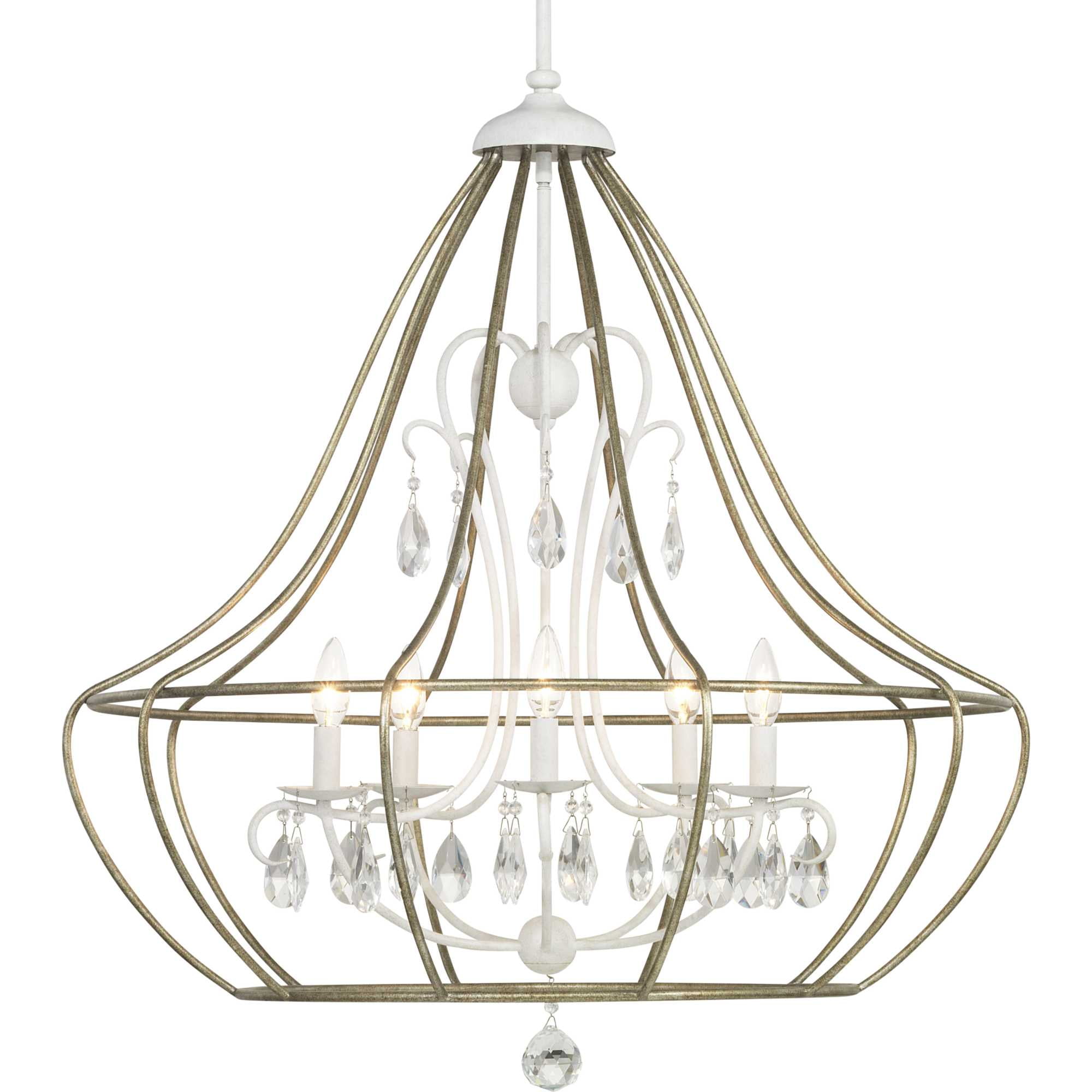 Cottage White Cage Chandelier with Glass Ornaments