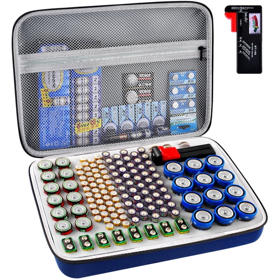Fleurvie Batteries Storage Holder Case Holds 140+, Battery Box Organizer with Tester - Blue, Box Only