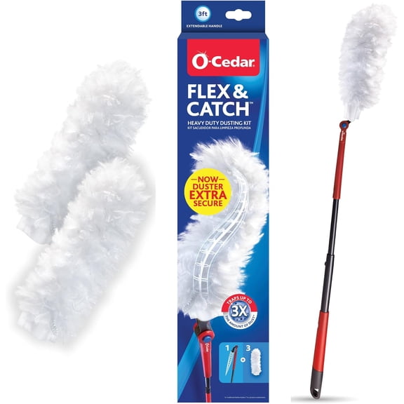 Flex & Catch Heavy Duty Dusting Kit with 3 Disposable Duster Refills | New Improved Model Extendable Ft Handle Stay-On Hook Traps 3X More Dust Than Feather Dusters