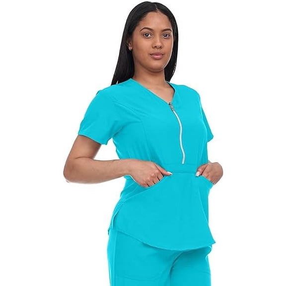 Flex Core Scrubs for Women V-Neck top with Zipper Lightweight 4 Way Stretch