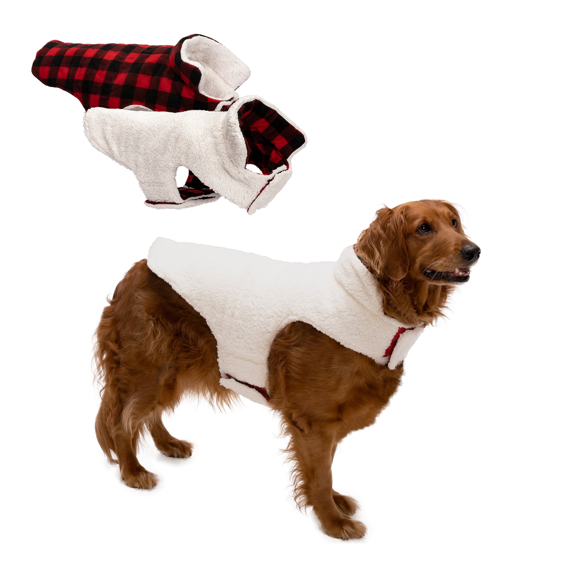 Flex-Fit Reversible Sherpa & Plaid Dog Coat - Large, Cream - Walmart.com