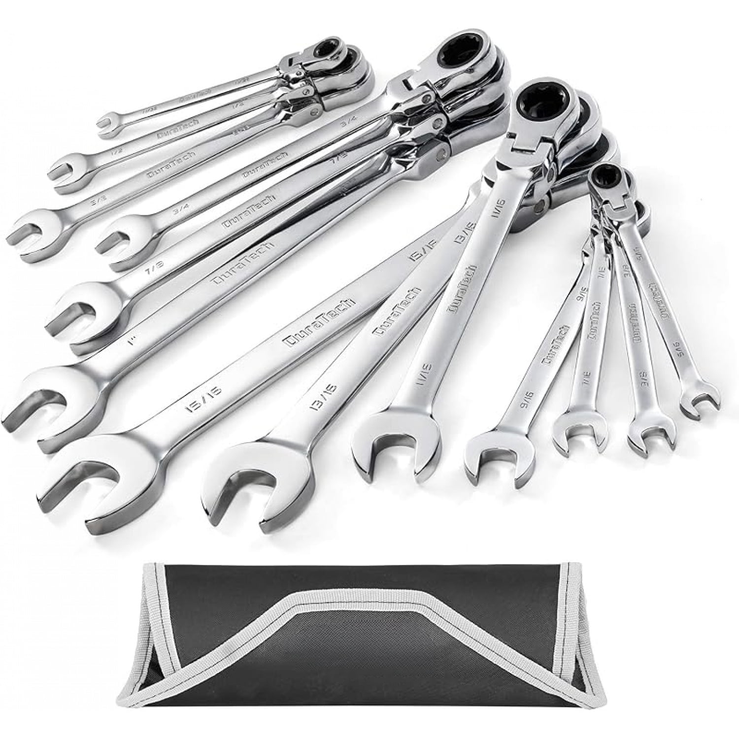Flex-Head Ratcheting Combination Wrench Set, SAE, 13-piece, 5/16'' to 1'', CR-V Steel, with Rolling Pouch